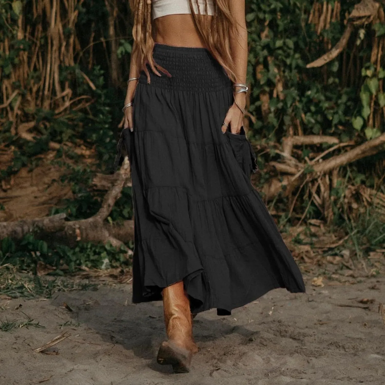 Maxi Tiered Skirts for Women Pockets Cotton Hippie Bohemian Elastic Waist Gypsy Skirt