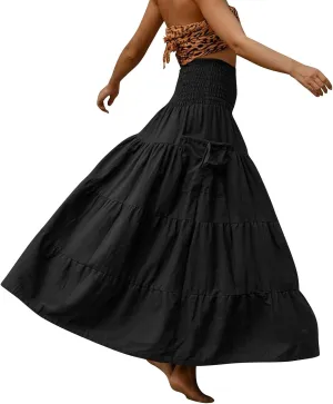 Maxi Tiered Skirts for Women Pockets Cotton Hippie Bohemian Elastic Waist Gypsy Skirt