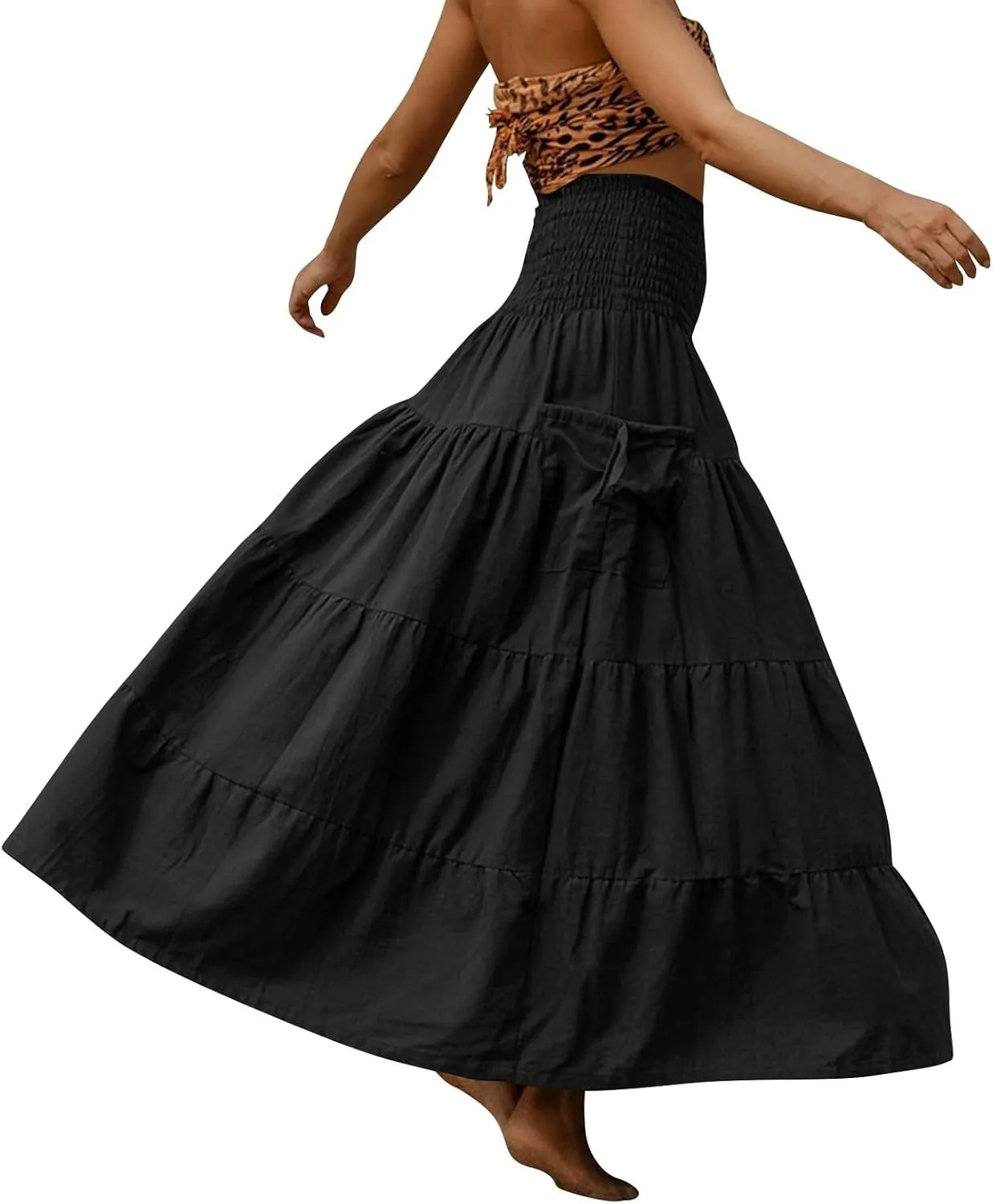 Maxi Tiered Skirts for Women Pockets Cotton Hippie Bohemian Elastic Waist Gypsy Skirt
