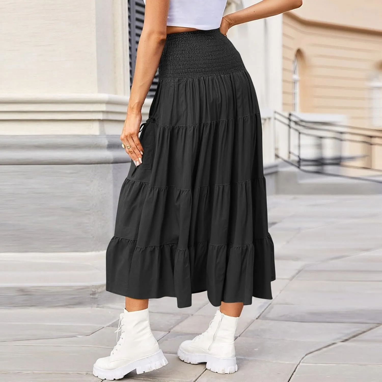 Maxi Tiered Skirts for Women Pockets Cotton Hippie Bohemian Elastic Waist Gypsy Skirt