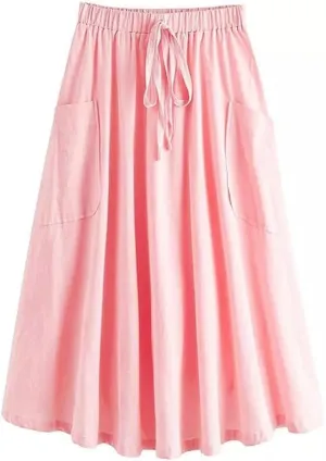 Melliflo Women's Casual Midi Skirts 2025 High Waist Pleated A-Line Vinage Flowing Skirt with Pocket