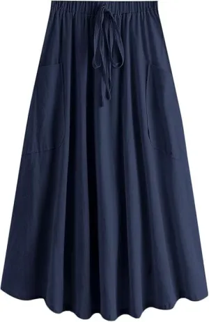 Melliflo Women's Casual Midi Skirts 2025 High Waist Pleated A-Line Vinage Flowing Skirt with Pocket