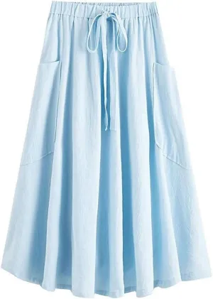 Melliflo Women's Casual Midi Skirts 2025 High Waist Pleated A-Line Vinage Flowing Skirt with Pocket