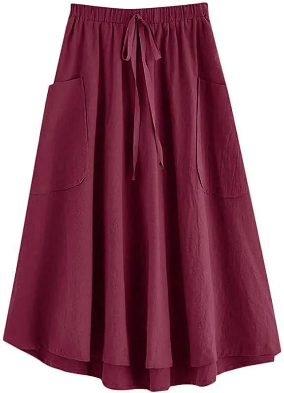 Melliflo Women's Casual Midi Skirts 2025 High Waist Pleated A-Line Vinage Flowing Skirt with Pocket
