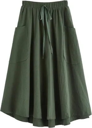 Melliflo Women's Casual Midi Skirts 2025 High Waist Pleated A-Line Vinage Flowing Skirt with Pocket