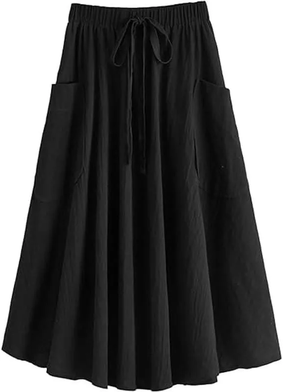 Melliflo Women's Casual Midi Skirts 2025 High Waist Pleated A-Line Vinage Flowing Skirt with Pocket