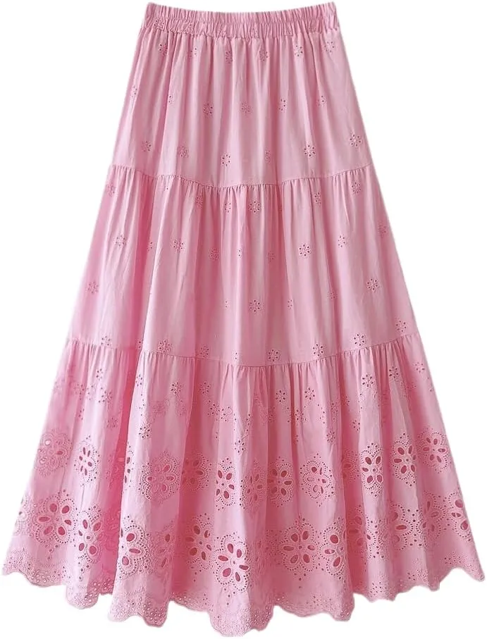 Melliflo Women's Embroidered Maxi Skirt Crochet Eyelet High Waist Tiered Skirts Boho A-line Western Summer Skirt
