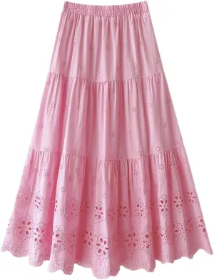 Melliflo Women's Embroidered Maxi Skirt Crochet Eyelet High Waist Tiered Skirts Boho A-line Western Summer Skirt
