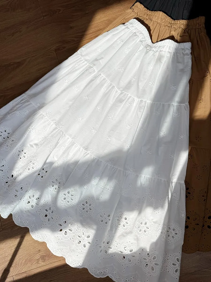 Melliflo Women's Embroidered Maxi Skirt Crochet Eyelet High Waist Tiered Skirts Boho A-line Western Summer Skirt