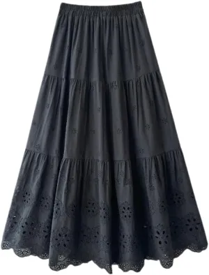 Melliflo Women's Embroidered Maxi Skirt Crochet Eyelet High Waist Tiered Skirts Boho A-line Western Summer Skirt