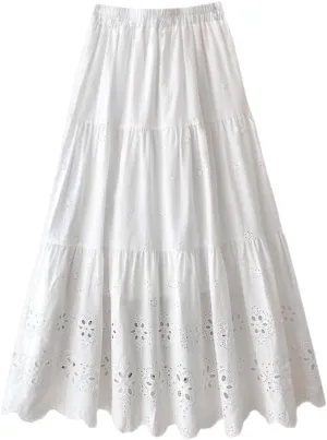 Melliflo Women's Embroidered Maxi Skirt Crochet Eyelet High Waist Tiered Skirts Boho A-line Western Summer Skirt