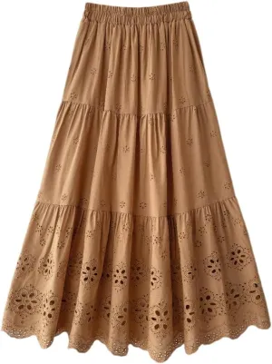 Melliflo Women's Embroidered Maxi Skirt Crochet Eyelet High Waist Tiered Skirts Boho A-line Western Summer Skirt