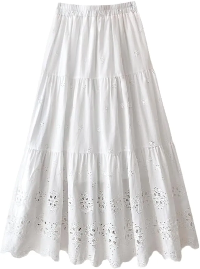 Melliflo Women's Embroidered Maxi Skirt Crochet Eyelet High Waist Tiered Skirts Boho A-line Western Summer Skirt