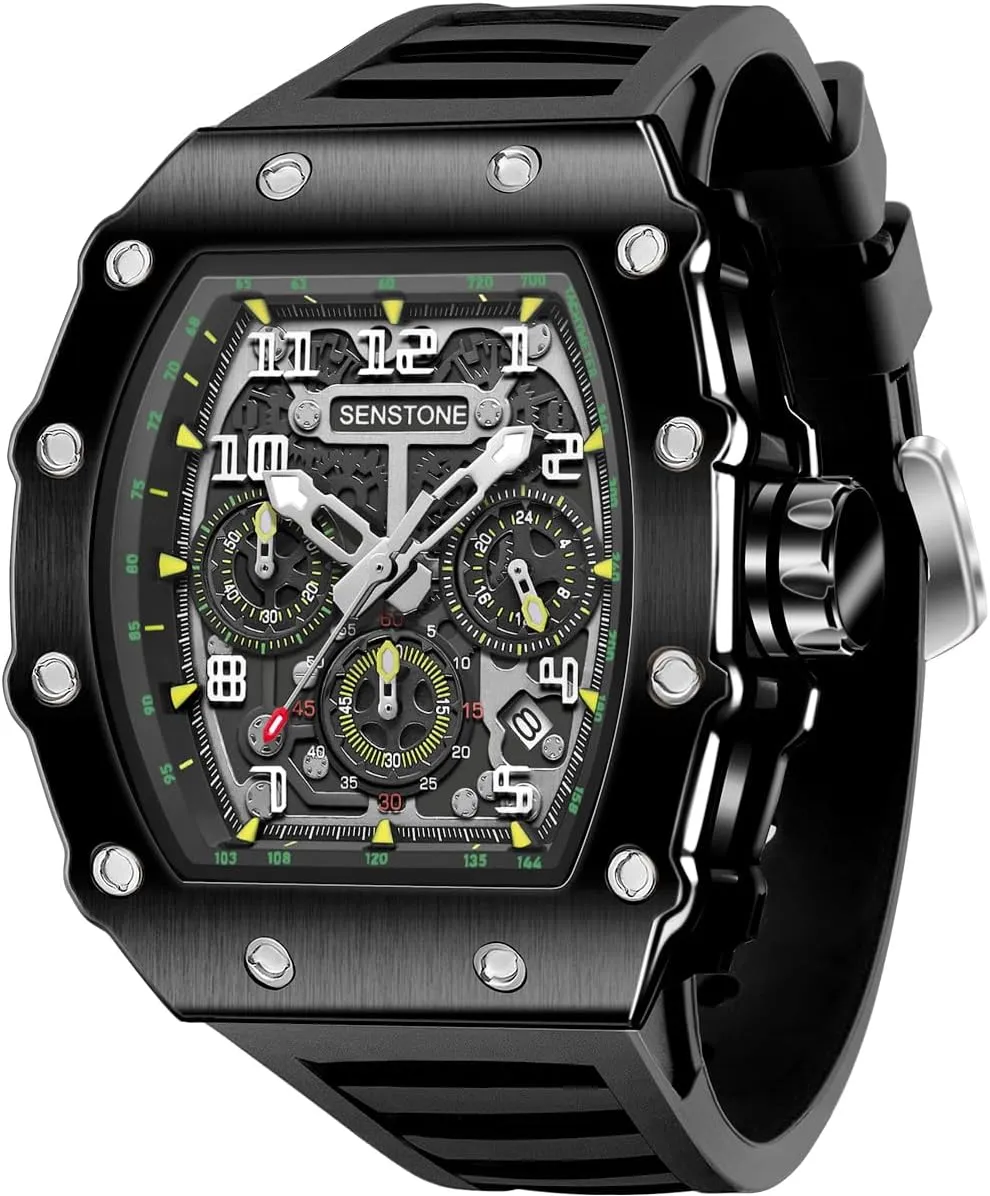 Mens Watches Retro Punk Skull Tonneau Design Analog Unique Skeleton Sports Quartz Wrist Watch for Men with Luminous Rubber Strap Silicone Band