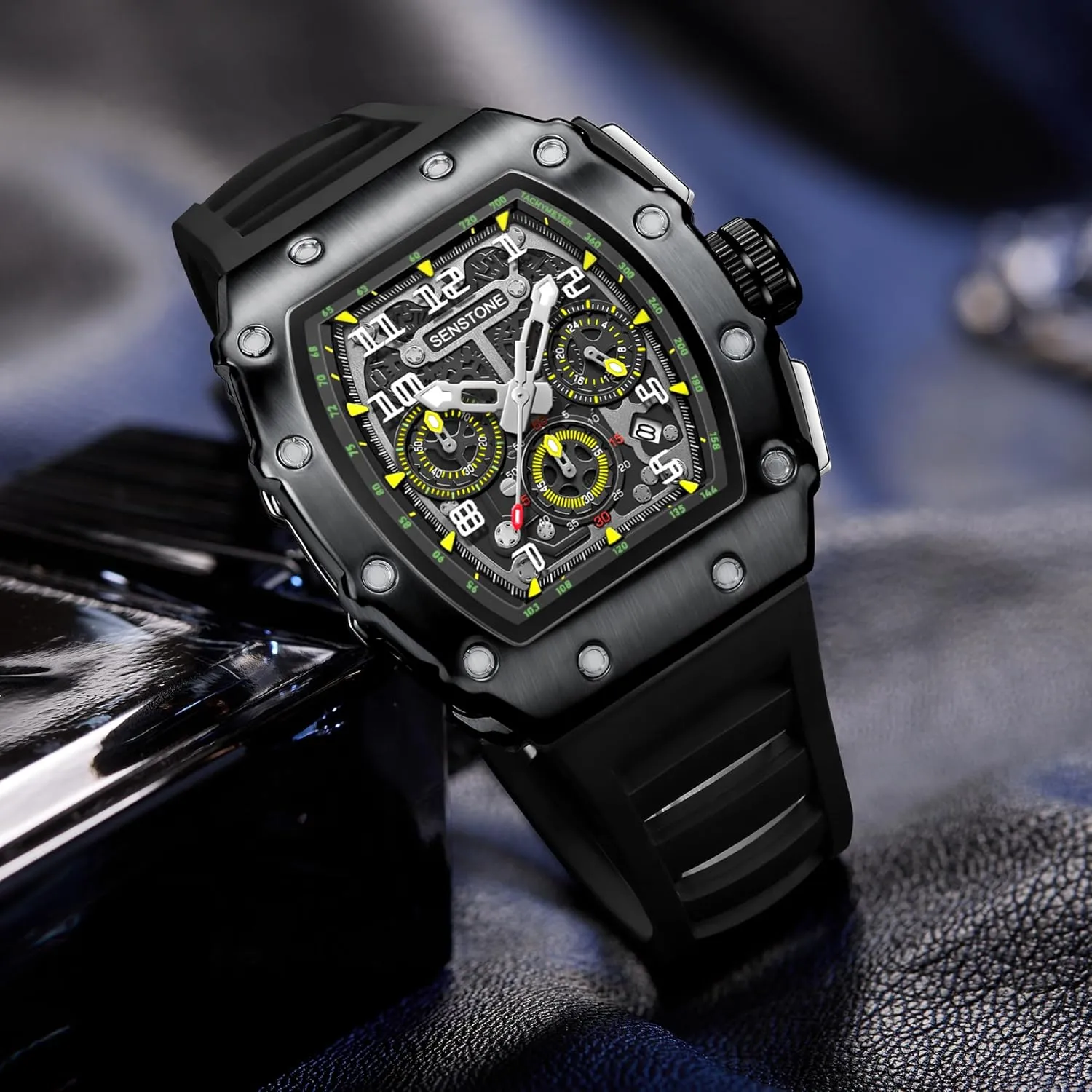 Mens Watches Retro Punk Skull Tonneau Design Analog Unique Skeleton Sports Quartz Wrist Watch for Men with Luminous Rubber Strap Silicone Band