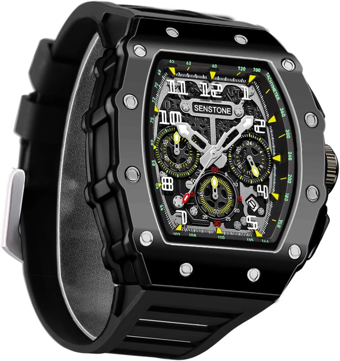 Mens Watches Retro Punk Skull Tonneau Design Analog Unique Skeleton Sports Quartz Wrist Watch for Men with Luminous Rubber Strap Silicone Band