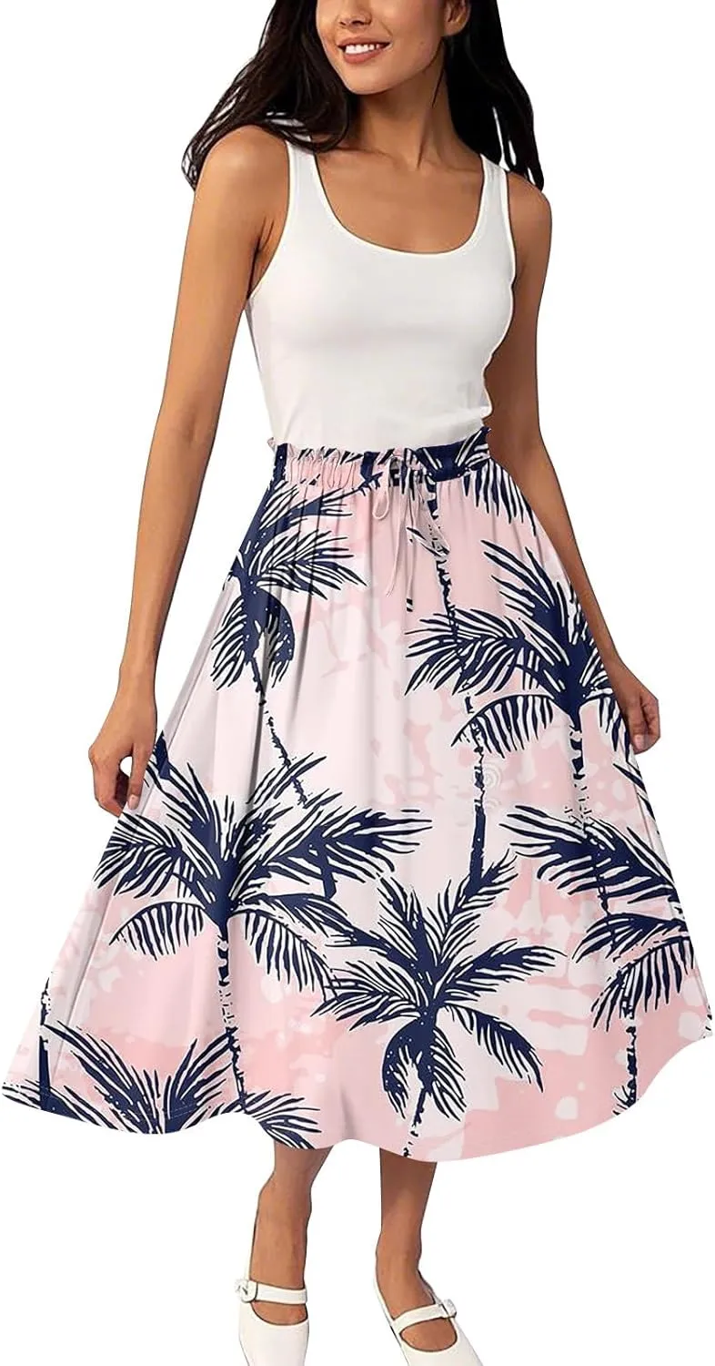 Midi Boho Floral Skirts for Women Trendy Drawstring High Elastic Waist Comfy Flowy A Line Skirt Skorts
