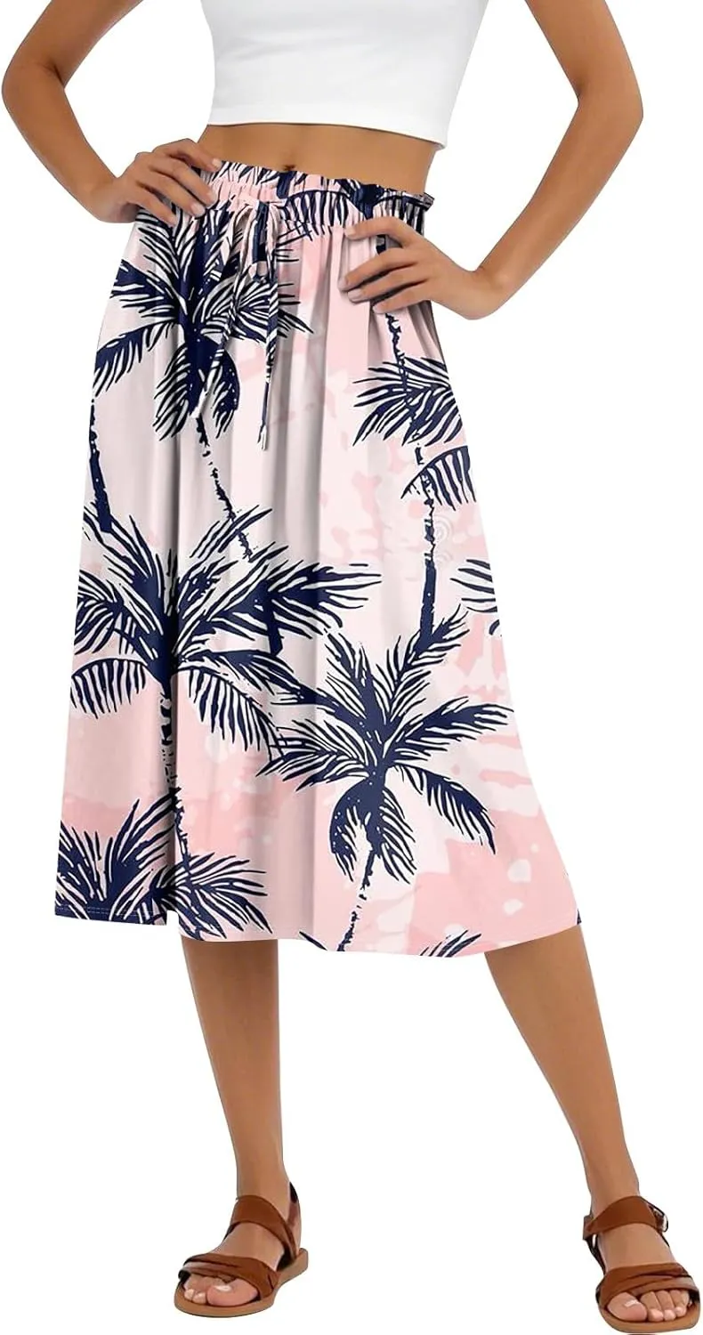 Midi Boho Floral Skirts for Women Trendy Drawstring High Elastic Waist Comfy Flowy A Line Skirt Skorts