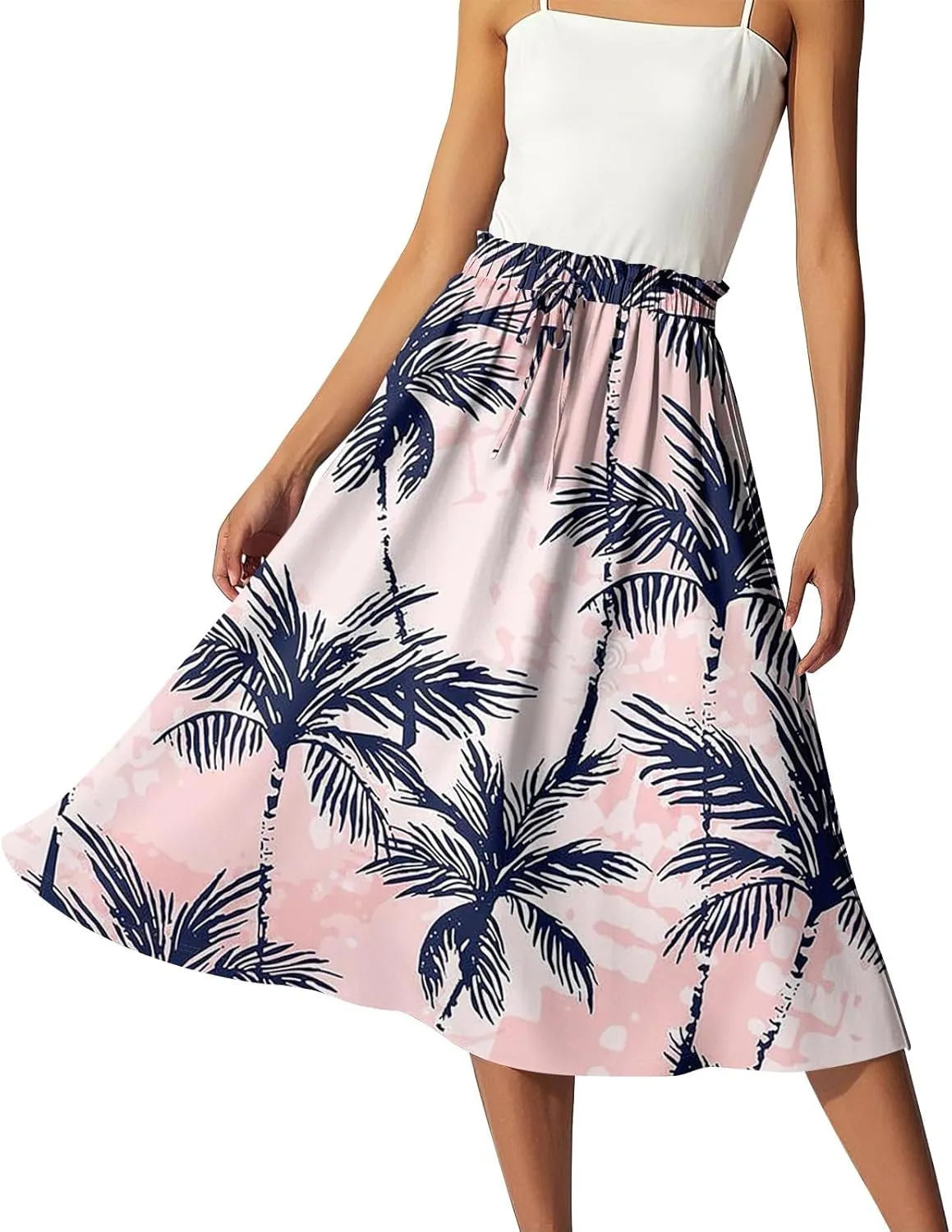 Midi Boho Floral Skirts for Women Trendy Drawstring High Elastic Waist Comfy Flowy A Line Skirt Skorts