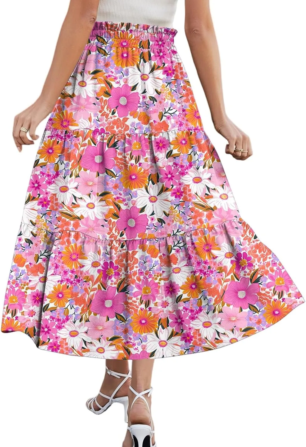 Midi Skirts for Women 2025 Boho Floral Skirts Tiered Ruffle Skirt Flowy A Line High Elastic Waisted Skorts with Pockets