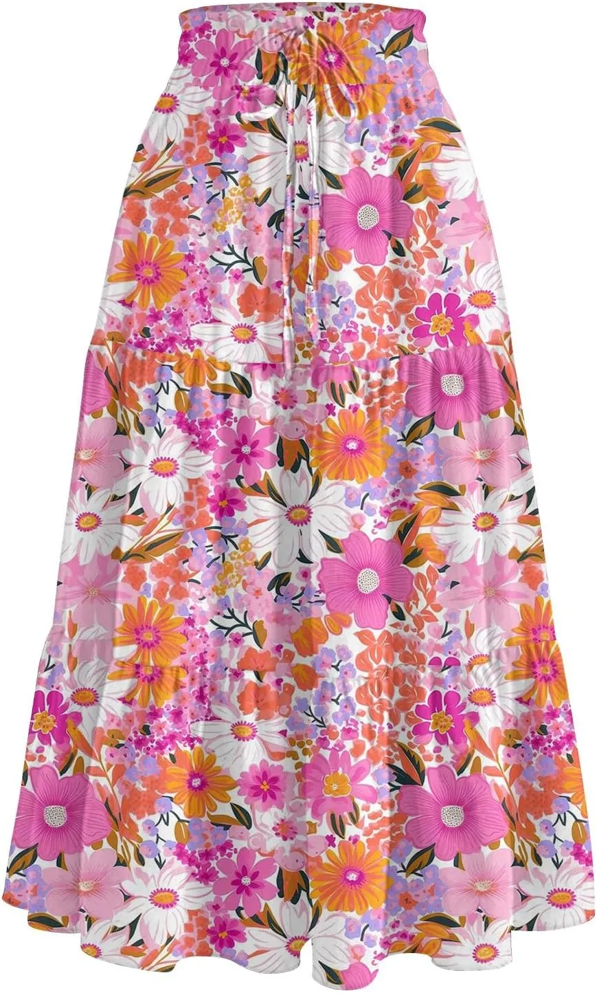Midi Skirts for Women 2025 Boho Floral Skirts Tiered Ruffle Skirt Flowy A Line High Elastic Waisted Skorts with Pockets