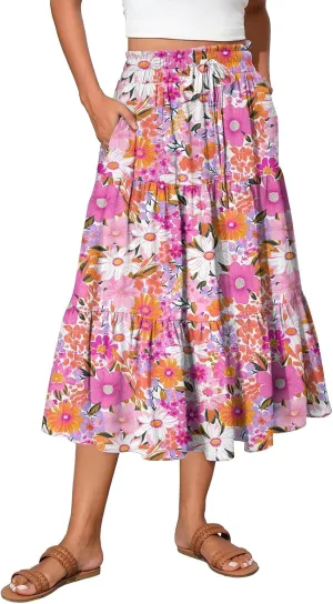 Midi Skirts for Women 2025 Boho Floral Skirts Tiered Ruffle Skirt Flowy A Line High Elastic Waisted Skorts with Pockets