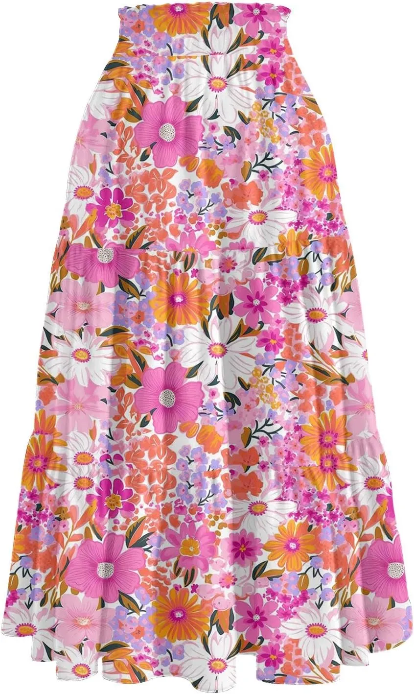 Midi Skirts for Women 2025 Boho Floral Skirts Tiered Ruffle Skirt Flowy A Line High Elastic Waisted Skorts with Pockets