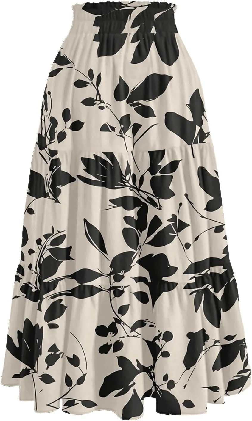 Midi Skirts for Women 2025 High Elastic Waisted Tiered Ruffle Skirt Flowy A Line Boho Floral Skirts Skorts with Pockets