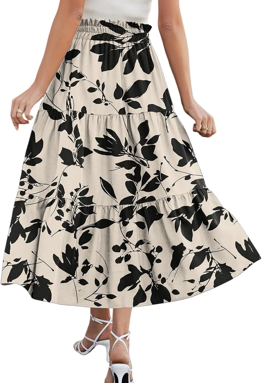 Midi Skirts for Women 2025 High Elastic Waisted Tiered Ruffle Skirt Flowy A Line Boho Floral Skirts Skorts with Pockets