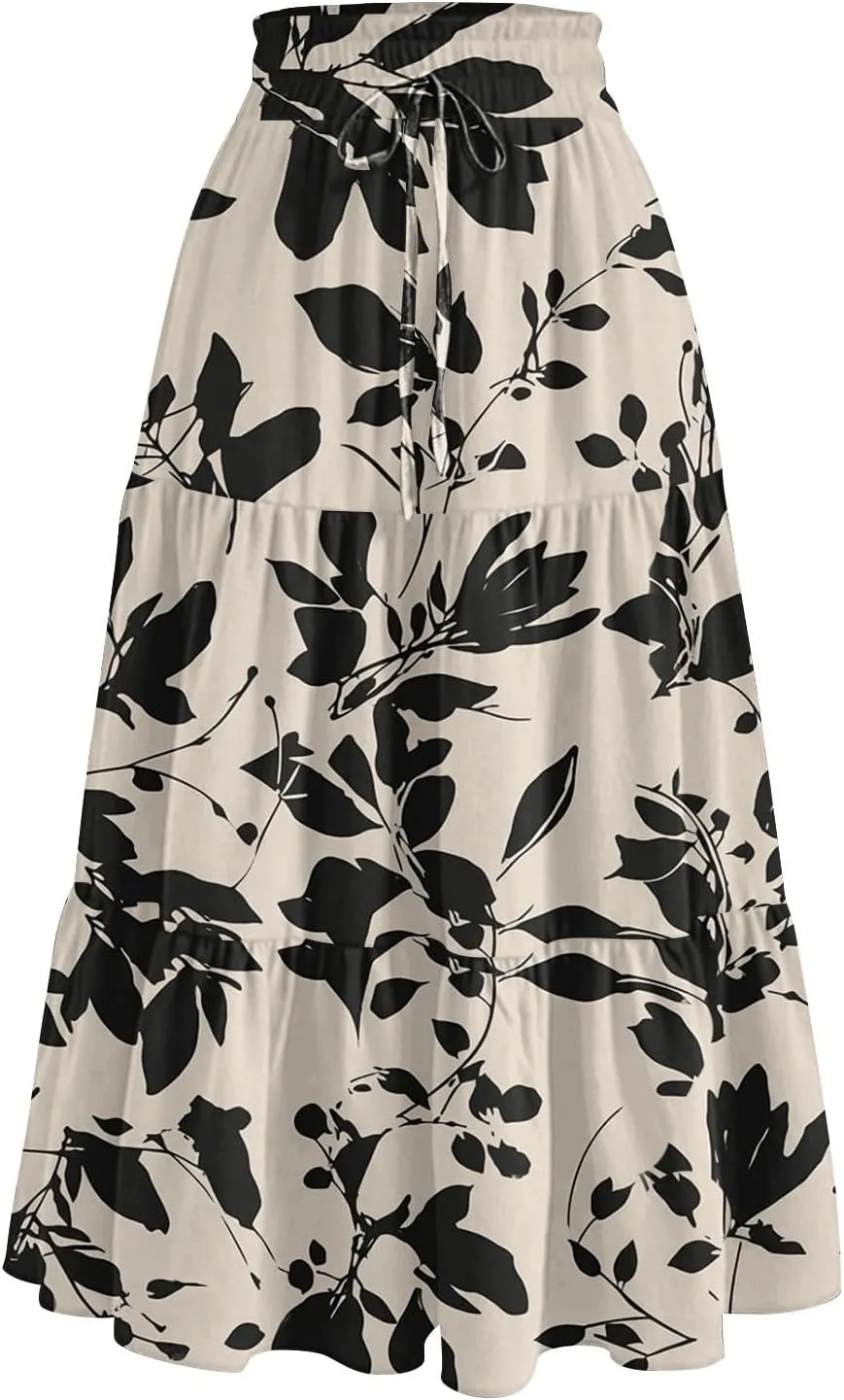 Midi Skirts for Women 2025 High Elastic Waisted Tiered Ruffle Skirt Flowy A Line Boho Floral Skirts Skorts with Pockets