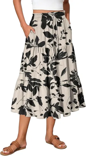 Midi Skirts for Women 2025 High Elastic Waisted Tiered Ruffle Skirt Flowy A Line Boho Floral Skirts Skorts with Pockets