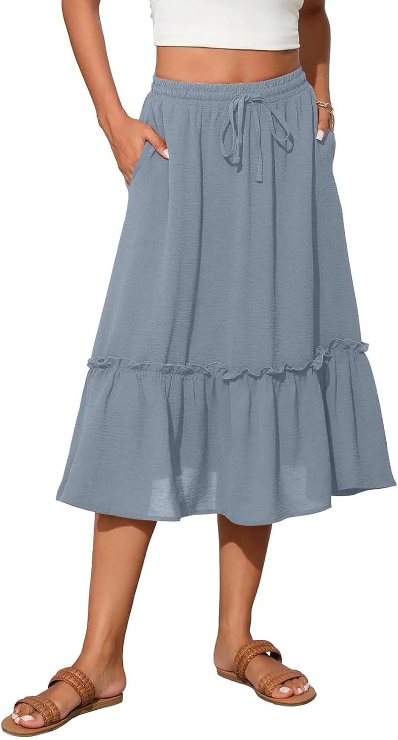 Midi Skirts for Women Boho Drawstring Waist Beach Skirt with Pockets Casual Flowy Swing Pleated A Line Skirts