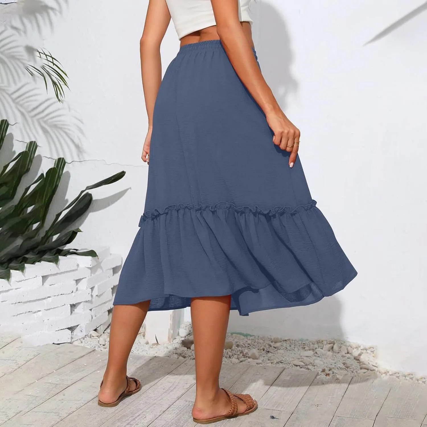 Midi Skirts for Women Boho Drawstring Waist Beach Skirt with Pockets Casual Flowy Swing Pleated A Line Skirts