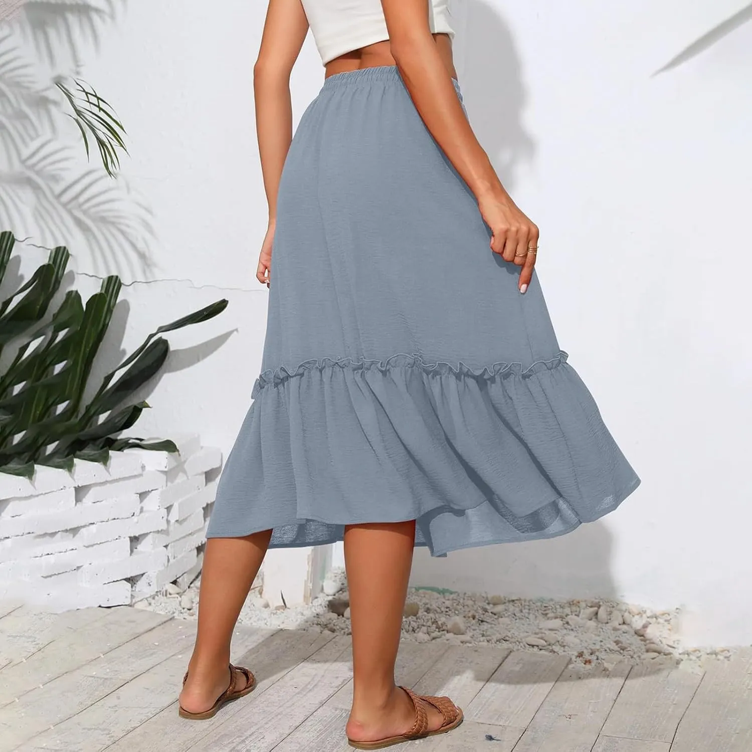 Midi Skirts for Women Boho Drawstring Waist Beach Skirt with Pockets Casual Flowy Swing Pleated A Line Skirts