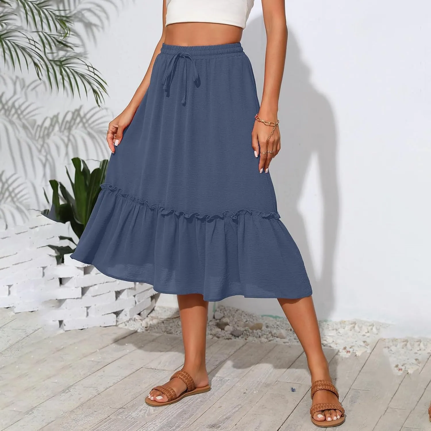 Midi Skirts for Women Boho Drawstring Waist Beach Skirt with Pockets Casual Flowy Swing Pleated A Line Skirts
