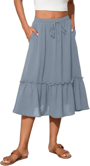 Midi Skirts for Women Boho Drawstring Waist Beach Skirt with Pockets Casual Flowy Swing Pleated A Line Skirts