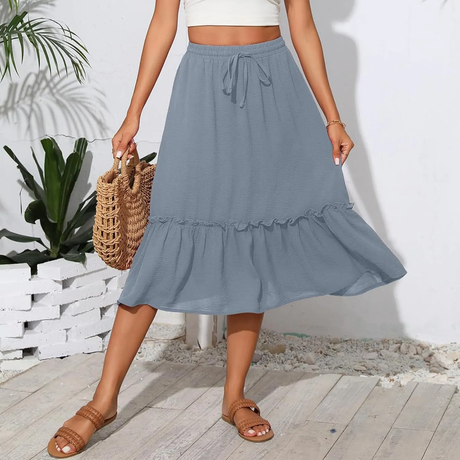 Midi Skirts for Women Boho Drawstring Waist Beach Skirt with Pockets Casual Flowy Swing Pleated A Line Skirts