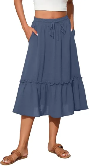 Midi Skirts for Women Boho Drawstring Waist Beach Skirt with Pockets Casual Flowy Swing Pleated A Line Skirts