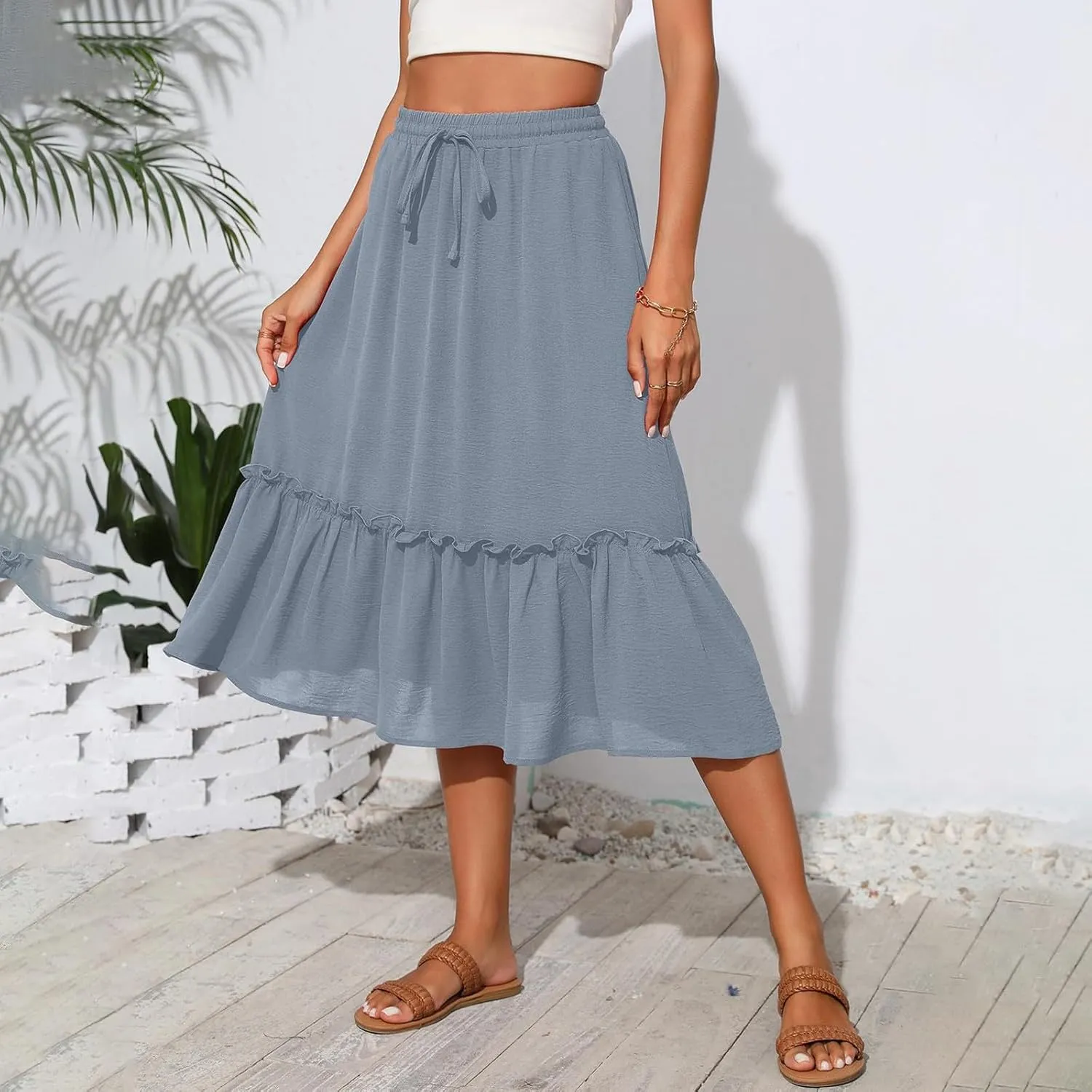 Midi Skirts for Women Boho Drawstring Waist Beach Skirt with Pockets Casual Flowy Swing Pleated A Line Skirts