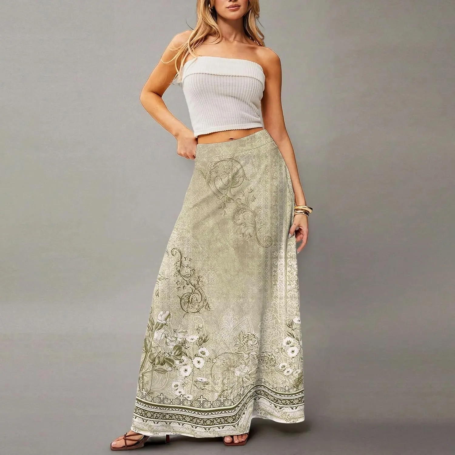 Midi Skirts for Women High Waisted Pleated A-Line Summer Swing Floral Long with Pockets