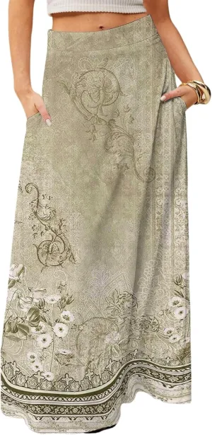 Midi Skirts for Women High Waisted Pleated A-Line Summer Swing Floral Long with Pockets