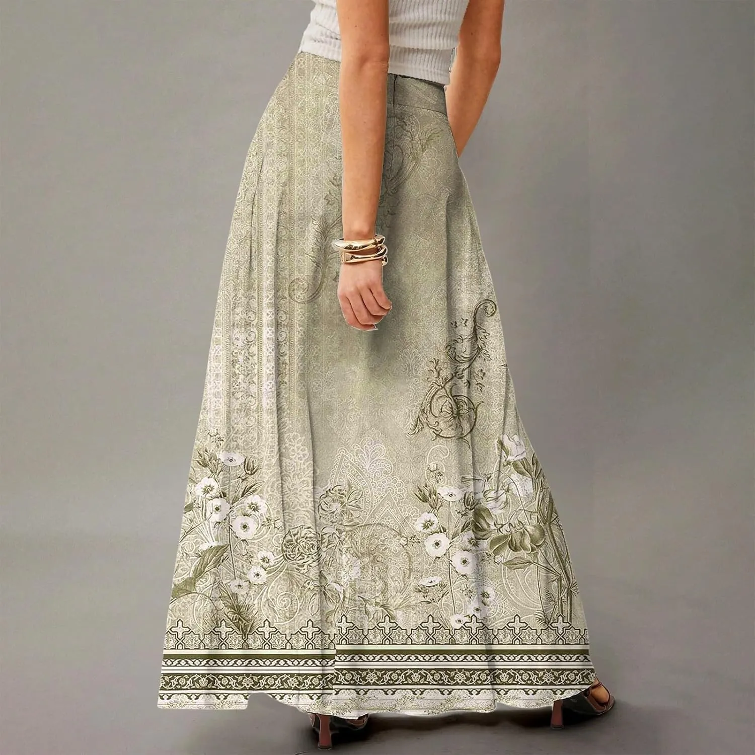 Midi Skirts for Women High Waisted Pleated A-Line Summer Swing Floral Long with Pockets