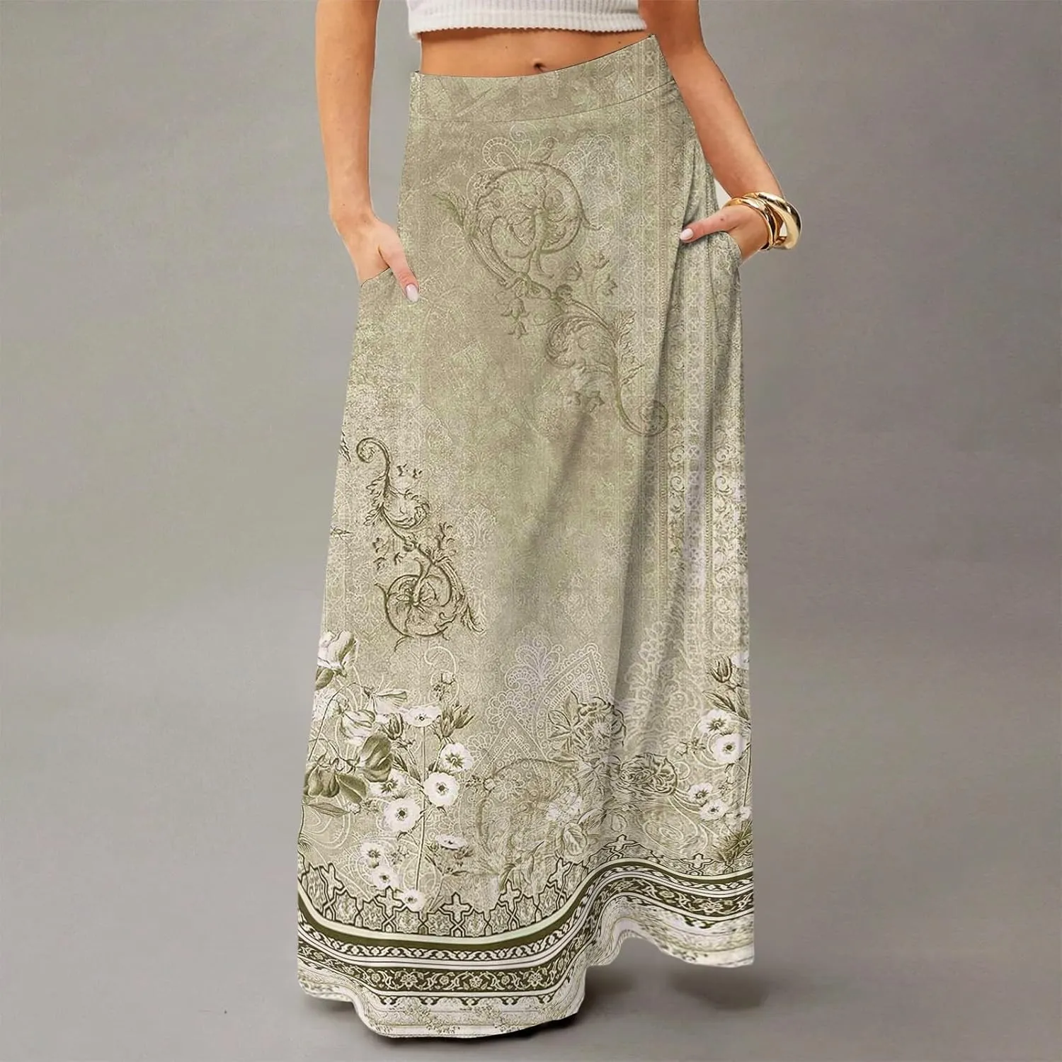 Midi Skirts for Women High Waisted Pleated A-Line Summer Swing Floral Long with Pockets