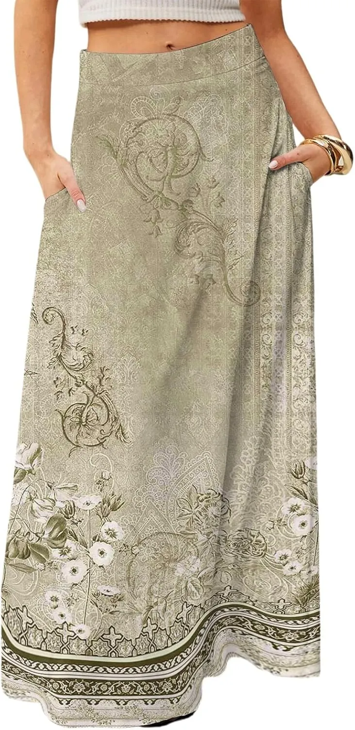 Midi Skirts for Women High Waisted Pleated A-Line Summer Swing Floral Long with Pockets