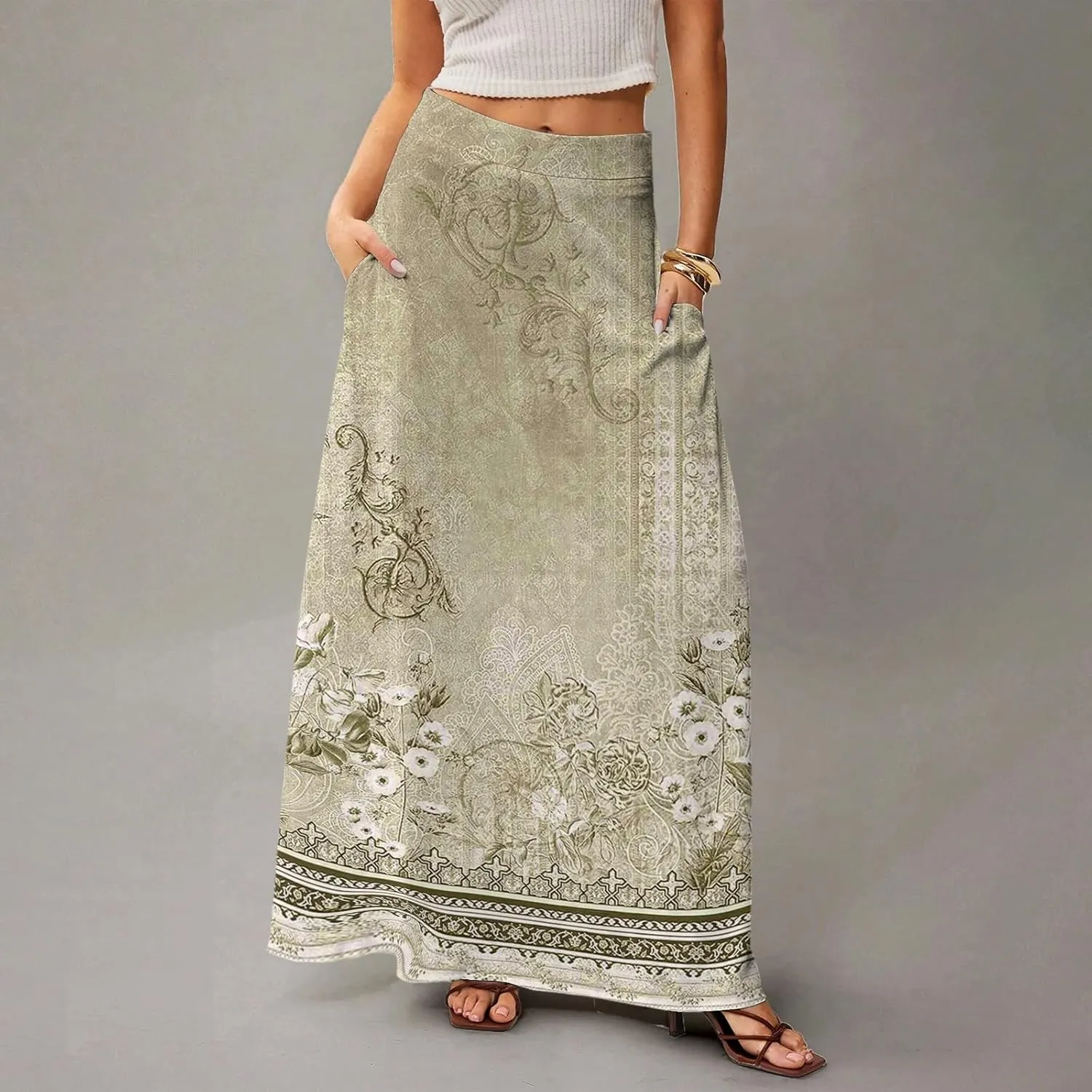 Midi Skirts for Women High Waisted Pleated A-Line Summer Swing Floral Long with Pockets