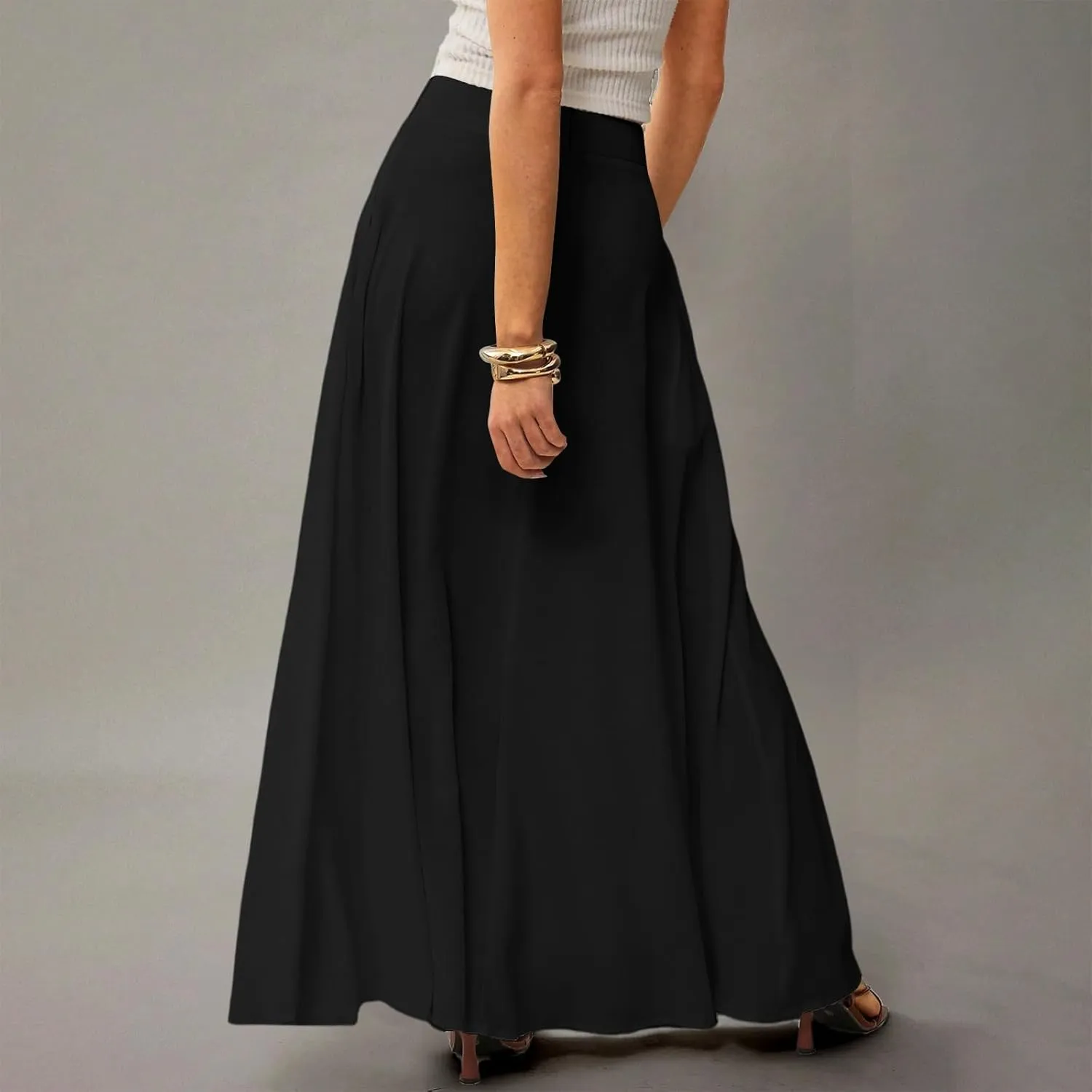 Midi Skirts for Women High Waisted Pleated A-Line Summer Swing Long Work Office with Pockets
