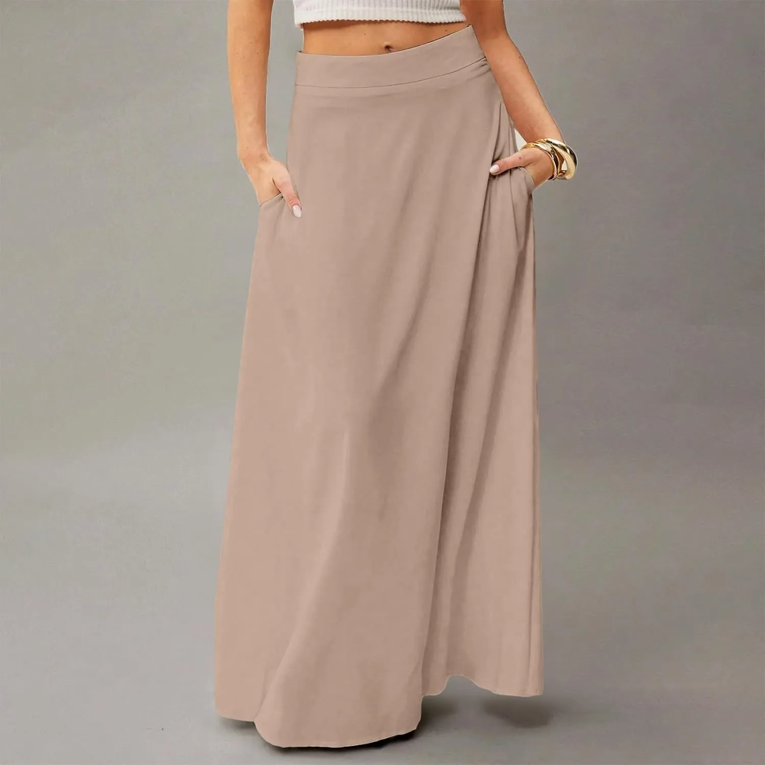 Midi Skirts for Women High Waisted Pleated A-Line Summer Swing Long Work Office with Pockets