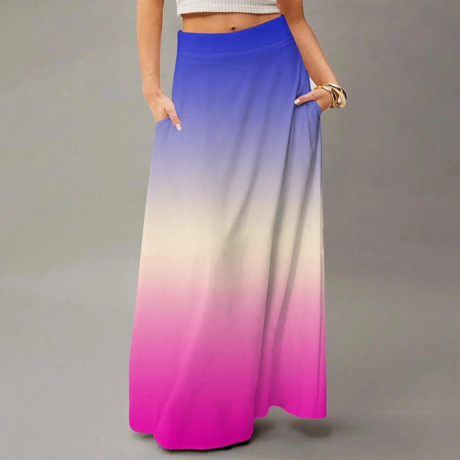 Midi Skirts for Women High Waisted Pleated A-Line Summer Swing Long Work Office with Pockets