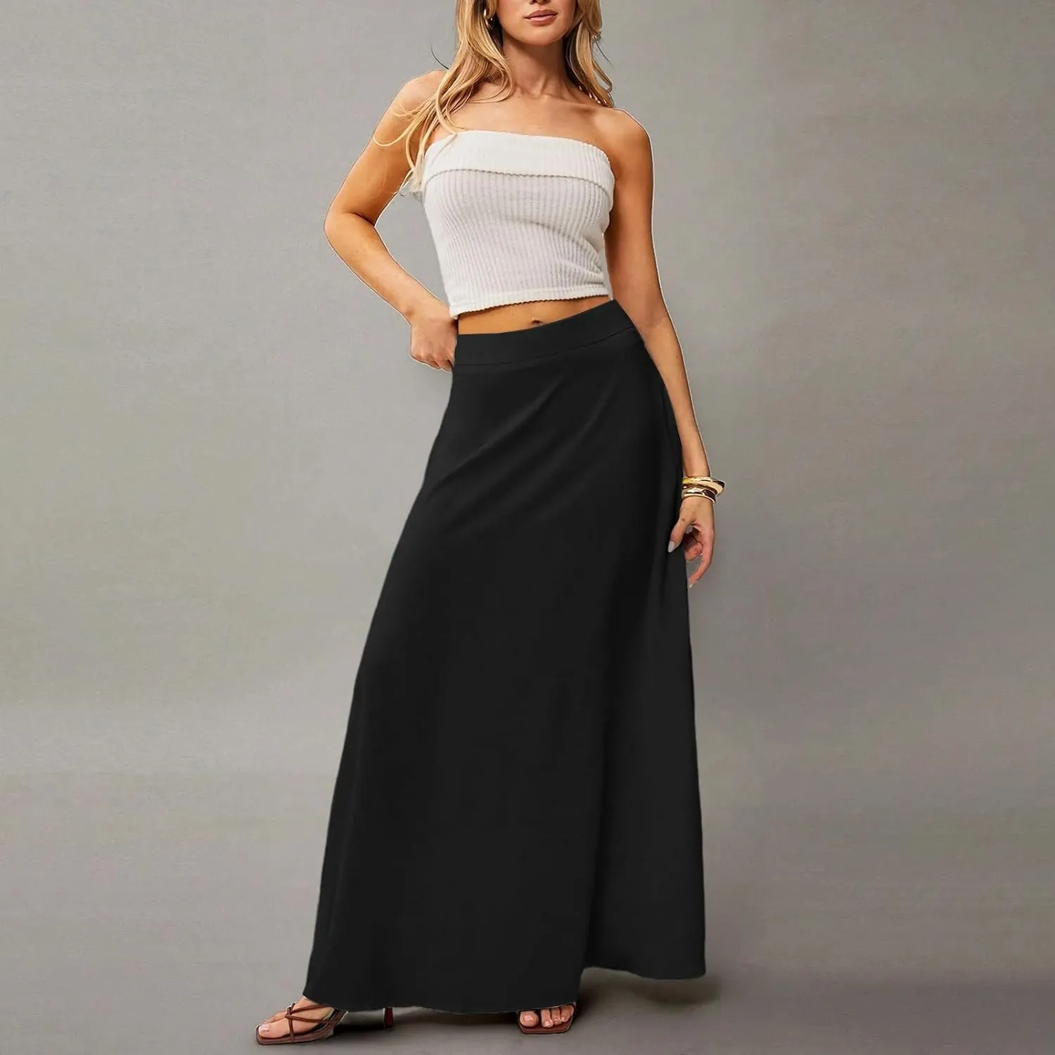 Midi Skirts for Women High Waisted Pleated A-Line Summer Swing Long Work Office with Pockets