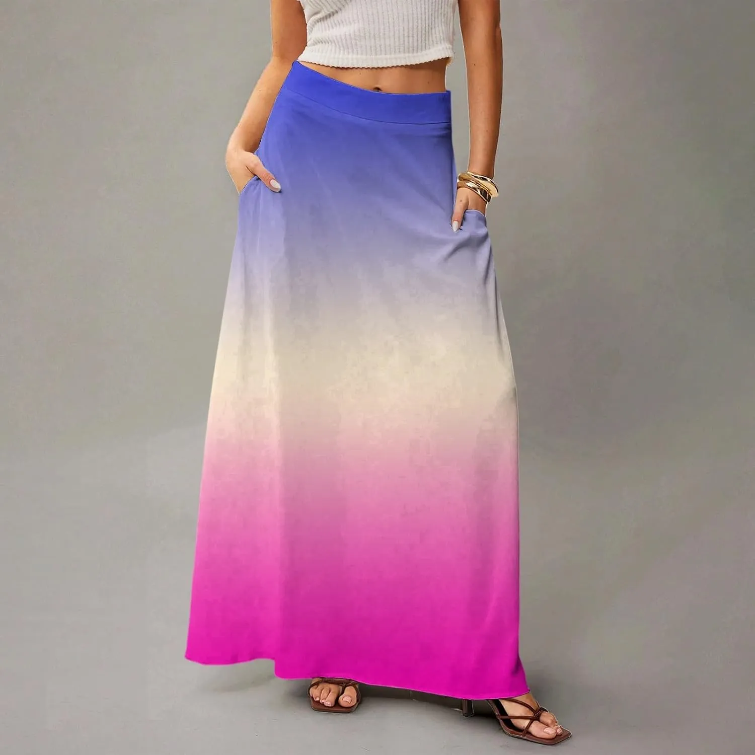 Midi Skirts for Women High Waisted Pleated A-Line Summer Swing Long Work Office with Pockets
